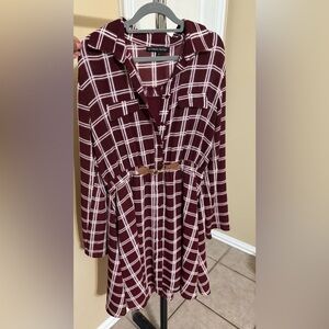 Plaid Burgundy Dress with Belt
